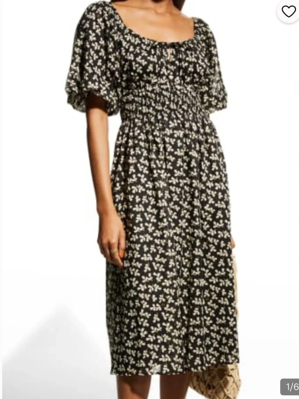 Tory Burch Black Midi Dress with Cream Floral Print, Size Small